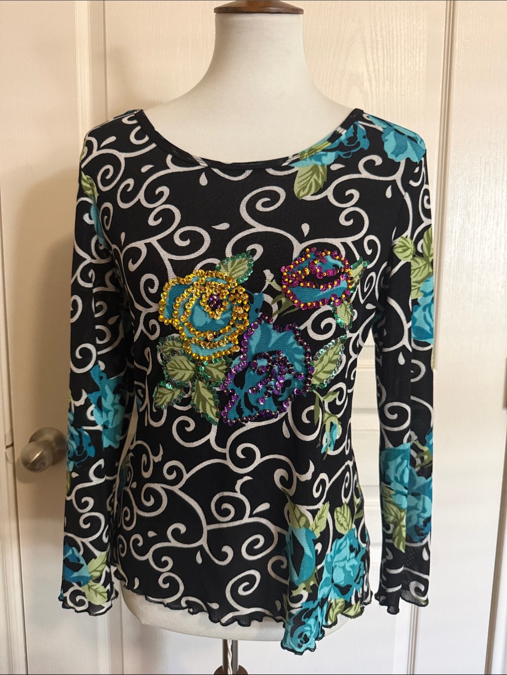 A.Z..I Vintage Floral Sequins Black & Teal Long Sheer Sleeves Sz L